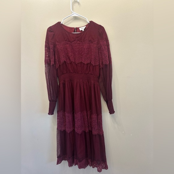 bohme Dresses & Skirts - Bohme Burgundy Maroon Polka Dot Lace Sleeves Dress Size Medium EUC